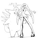  1girl angry armpits asymmetrical_bangs bangs bare_arms bare_shoulders blunt_bangs breasts character_name clefable clenched_teeth constricted_pupils diamond_(shape) dress empty_eyes fairy_wings frown full_body gem leggings legs_apart long_hair looking_down lusamine_(pokemon) mature monochrome open_toe_shoes pokemon pokemon_(creature) pokemon_(game) pokemon_sm primavera_maru see-through shoes short_dress simple_background sleeveless sleeveless_dress small_breasts teeth turtleneck two-tone_legwear white_background wings 