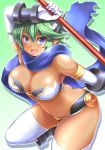  &gt;:d 1girl :d armor armpits bare_shoulders bikini_armor blue_eyes blue_scarf blush bracer breasts character_request cleavage dark_skin elbow_gloves fang gloves green_hair hair_between_eyes holding holding_staff horns kittan_(cve27426) large_breasts looking_at_viewer open_mouth pointy_ears scarf shinrabanshou short_hair smile solo staff thigh-highs white_gloves white_legwear 