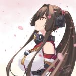  1girl bare_shoulders breasts brown_eyes brown_hair cherry_blossoms collar detached_sleeves from_side gradient gradient_background hair_between_eyes headgear kantai_collection large_breasts long_hair looking_to_the_side looking_up petals pink_background ponytail rokuwata_tomoe solo twitter_username white_background yamato_(kantai_collection) zulu_(naval_flag) 