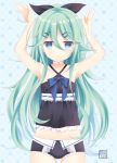  1girl :o adapted_costume arms_up artist_name babydoll bangs black_bow black_panties blue_eyes bow bunny_pose cowboy_shot eyebrows_visible_through_hair flat_chest green_hair hair_between_eyes hair_bow hair_ornament hairclip jitome kantai_collection kurasawa_kyoushou lingerie long_hair looking_at_viewer panties parted_lips pinstripe_pattern ponytail solo striped striped_panties underwear yamakaze_(kantai_collection) 