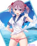  1girl animal animal_on_shoulder badge bangs bikini bikini_bottom blue_sky blush breasts button_badge clouds commentary day frilled_bikini frills hair_bobbles hair_ornament hand_on_hip hand_up kantai_collection looking_at_viewer maji_(etonato) mountain navel no_pants ocean open_mouth pink_eyes pink_hair rabbit sazanami_(kantai_collection) school_uniform serafuku shirt sky small_breasts smile solo standing swimsuit twintails twitter_username 