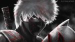  1boy artist_name blood blurry covered_mouth depth_of_field face greyscale hatake_kakashi heterochromia highres male_focus mask mask_removed monochrome naruto portrait red_eyes scar scar_across_eye solo spot_color su_jiayi sword watermark weapon 