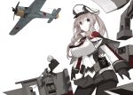  1girl aircraft airplane bangs black_gloves black_skirt blue_eyes breasts capelet closed_mouth gloves graf_zeppelin_(kantai_collection) grey_hair hair_between_eyes hat kantai_collection large_breasts long_hair long_sleeves looking_at_viewer mikoto_(oi_plus) military military_uniform military_vehicle pantyhose peaked_cap pleated_skirt rigging simple_background skirt smile solo twintails uniform white_background 