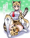 1girl :&lt; animal_print bare_shoulders clouded_leopard_(kemono_friends) convenient_leg dress_shirt elbow_gloves eyebrows_visible_through_hair gloves gradient_hair kemono_friends leopard_ears leopard_print leopard_tail long_hair looking_at_viewer miniskirt multicolored_hair necktie pleated_skirt ponytail shiny shiny_skin shirt sitting skirt solo tail thigh-highs thighs translated very_long_hair warainaku yellow_eyes