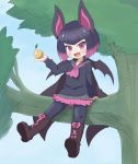  1girl animal_ears bangs bat_ears bat_girl bat_wings boots cape fangs food fruit kadoko kemono_friends multicolored_hair open_mouth orange pantyhose pink_eyes pink_hair purple_hair short_hair sitting tree two-tone_hair vampire_bat_(kemono_friends) wings 