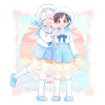  2boys :d ^_^ amehote brown_eyes brown_hair child closed_eyes hand_holding hand_on_another&#039;s_shoulder hat katsuki_yuuri kneehighs male_focus multiple_boys open_mouth sailor sailor_hat shorts silver_hair smile standing standing_on_one_leg star viktor_nikiforov white_legwear younger yuri!!!_on_ice 