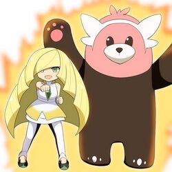  1girl :d asymmetrical_bangs aura bangs bare_arms bare_shoulders bear bewear blonde_hair blunt_bangs blush_stickers bracelet bukky chibi clenched_hands diamond_(shape) dress empty_eyes full_body gem green_eyes hair_over_one_eye high_heels highres jewelry leggings legs_apart long_hair looking_at_viewer lusamine_(pokemon) mature open_mouth open_toe_shoes outstretched_arm paws pokemon pokemon_(creature) pokemon_(game) pokemon_sm pose see-through shoes short_dress simple_background smile standing turtleneck two-tone_legwear very_long_hair white_background white_dress z-move z-ring 