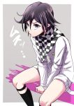  1boy checkered_scarf dangan_ronpa from_above kiyomiya kneehighs looking_up male_focus new_dangan_ronpa_v3 ouma_kokichi pout rectangle scarf short_shorts shorts simple_background sitting sock_garters solo straitjacket violet_eyes white_shorts 