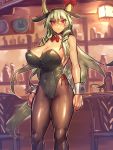  1girl animal_ears bar bare_shoulders black_legwear blush bow bowtie breasts bunny_girl bunnysuit chair cleavage covered_navel curvy detached_collar ex-keine fake_animal_ears green_hair highres horn_ribbon horns kamishirasawa_keine large_breasts leotard long_hair looking_at_viewer melon22 pantyhose red_eyes ribbon solo standing sweatdrop thick_thighs touhou wrist_cuffs 