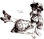  1girl boots commentary dated food fruit greyscale hat highres hinanawi_tenshi long_hair looking_at_viewer looking_back monochrome mushroom_(osh320) peach red_eyes short_sleeves signature sitting solo touhou 