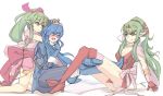  3girls asphyxiation blue_hair blush breasts cape chiki choking closed_eyes dress dual_persona fingerless_gloves fire_emblem fire_emblem:_ankoku_ryuu_to_hikari_no_tsurugi fire_emblem:_kakusei fire_emblem:_mystery_of_the_emblem fire_emblem_heroes gloves green_eyes green_hair hair_ornament hair_ribbon jewelry long_hair lucina multiple_girls older open_mouth pointy_ears ponytail ribbon short_dress smile thigh-highs tiara white_background yuri 