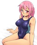  1girl bangs blush breasts collarbone competition_swimsuit covered_navel erect_nipples highleg highleg_swimsuit highres kurozu_(crozu) long_hair medium_breasts one-piece_swimsuit original parted_lips pink_eyes pink_hair ponytail sidelocks sitting solo stomach swimsuit thighs 