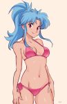  1girl bikini blue_hair botan_(yuu_yuu_hakusho) breasts hands_on_thighs highres long_hair looking_at_viewer medium_breasts navel pink_bikini ponytail side-tie_bikini simple_background sketch smile solo swimsuit typo_(requiemdusk) violet_eyes yuu_yuu_hakusho 