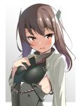  1girl arm_at_side blush breasts brown_eyes brown_hair commentary_request hair_between_eyes hand_on_own_chest headband headgear kantai_collection kurogoma_(haruhi3) looking_at_viewer muneate open_mouth short_hair small_breasts taihou_(kantai_collection) upper_body 