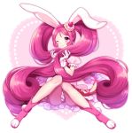  1girl ;) animal_ears boots cake_hair_ornament cure_whip food_themed_hair_ornament gloves hair_ornament kirakira_precure_a_la_mode long_hair magical_girl one_eye_closed pink_boots pink_eyes pink_hair precure rabbit_ears sitting smile solo twintails usami_ichika usano very_long_hair white_gloves 