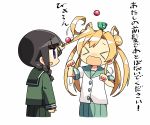  &gt;_&lt; 2girls abukuma_(kantai_collection) ball_toss black_hair blonde_hair bullying closed_eyes commentary double_bun hair_between_eyes hair_rings jitome kanikama kantai_collection kitakami_(kantai_collection) multiple_girls open_mouth playing_with_another&#039;s_hair profile school_uniform serafuku simple_background translated twintails wavy_mouth white_background 