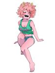  1girl ^_^ ashido_mina bare_shoulders blush boku_no_hero_academia breasts cleavage closed_eyes collarbone denim denim_shorts feet full_body hachuurui happy highres horns legs medium_breasts midriff navel open_mouth pink_hair pink_skin shirt short_hair shorts simple_background sitting smile solo tank_top teeth tied_shirt white_background 