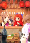  4girls alcohol beer bottle bracelet brown_eyes brown_hair cape earmuffs futatsuiwa_mamizou futatsuiwa_mamizou_(human) jewelry lantern makuwauri multiple_girls paper_lantern pointing red_eyes redhead restaurant sake sekibanki short_hair smile touhou toyosatomimi_no_miko 