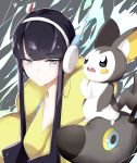  1girl absurdres bangs black_hair blue_eyes blunt_bangs blush breasts closed_mouth coat emolga eyebrows_visible_through_hair gym_leader headphones highres jackii kamitsure_(pokemon) long_hair looking_at_viewer medium_breasts open_clothes open_coat pokemon pokemon_(creature) pokemon_(game) pokemon_bw2 screen sidelocks solo tsurime upper_body yellow_coat zebstrika 