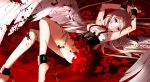  1girl armpits arms_up barefoot blood blood_on_face bloody_clothes bloody_weapon feathered_wings ia_(vocaloid) layered_skirt long_hair looking_at_viewer lying on_back parted_lips pink_hair red_skirt restrained shirt skirt sleeveless sleeveless_shirt solo suspender_skirt suspenders torn_clothes torn_shirt violet_eyes vocaloid weapon white_shirt white_wings wings yuuki_kira 