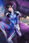  1girl 2016 absurdres acronym alternate_eye_color animal_print arm_cannon artist_name bangs blue_bodysuit blue_eyes blunt_bangs bodysuit boots bracer breasts brown_eyes brown_hair bunny_print character_name closed_mouth clouds cloudy_sky d.va_(overwatch) dated day eyelashes facepaint facial_mark finger_on_trigger glint gloves gun handgun headphones highres holding holding_gun holding_weapon knee_pads knee_up legs_crossed light_rays lips long_hair long_sleeves mecha meka_(overwatch) mountain nose outdoors overwatch pan_pan pauldrons pilot_suit pink_lips ribbed_bodysuit river scenery shoulder_pads sitting skin_tight sky small_breasts smile solo sunbeam sunlight thigh-highs thigh_boots thigh_strap turtleneck weapon whisker_markings white_boots white_gloves 