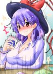  /\/\/\ 1girl bag bangs beer_can black_hat blue_background blush breasts can cleavage collared_shirt embarrassed gradient gradient_background hair_between_eyes hat hat_ribbon highres holding holding_can large_breasts long_sleeves looking_at_viewer nagae_iku nose_blush open_collar oshiaki purple_hair red_eyes ribbon shirt solo star surprised sweat sweatdrop table touhou upper_body white_shirt 