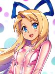  1girl :d blonde_hair blue_eyes blush blush_stickers bodysuit bow breasts disgaea flonne hair_bow hair_ribbon highres long_hair looking_at_viewer open_mouth ribbon small_breasts smile solo typo_(requiemdusk) upper_body 