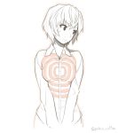  1girl at_field ayanami_rei blush commentary dress_shirt highres looking_away monochrome neon_genesis_evangelion outline poaro shirt shirt_tug short_hair simple_background solo spot_color twitter_username white_background 