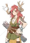  1girl antlers arm_warmers armpits belt blush bow_(weapon) braid brown_eyes cowboy_shot hand_on_hip holding_bow_(weapon) horn_ornament jewelry long_hair looking_at_viewer matsuda_(matsukichi) necklace original quiver redhead shirt side_braid sleeveless sleeveless_shirt smile solo tattoo tunic weapon 