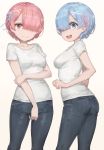  2girls :d absurdres ass beige_background blue_eyes blue_hair breasts casual contemporary contrapposto denim from_side gradient gradient_background hair_ornament hair_over_one_eye hair_ribbon highres holding_arm jeans looking_at_viewer matching_outfit medium_breasts multiple_girls open_mouth pants pink_eyes pink_hair ram_(re:zero) re:zero_kara_hajimeru_isekai_seikatsu rem_(re:zero) ribbon shirt short_hair siblings simple_background sisters skinny_jeans smile t-shirt x_hair_ornament yohan1754 