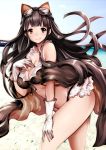  1girl bangs bare_shoulders beach bikini black_bikini black_eyes black_hair blunt_bangs blush breasts cleavage closed_mouth collarbone day detached_sleeves floating_hair gloves goggles goggles_on_head granblue_fantasy jessica_(granblue_fantasy) large_breasts leaning_forward long_hair looking_at_viewer outdoors pose sidelocks smile solo souryu swimsuit very_long_hair white_gloves wide_sleeves 