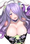  1girl animal_ears bare_shoulders blush breasts camilla_(fire_emblem_if) cleavage detached_collar easter_egg fake_animal_ears fire_emblem fire_emblem_if from_above gauntlets h_kasei hair_over_one_eye hairband large_breasts long_hair purple_hair rabbit_ears simple_background smile solo violet_eyes white_background 