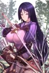  1girl antiqq arm_guards arrow bangs blush bodysuit breasts erect_nipples fate/grand_order fate_(series) fingerless_gloves gloves highres holding holding_sword holding_weapon huge_breasts japanese_clothes katana long_hair minamoto_no_raikou_(fate/grand_order) outdoors parted_bangs purple_hair quiver scabbard sheath skin_tight smile solo standing sword very_long_hair violet_eyes weapon 