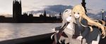  2girls :d ;d arched_back blonde_hair cardigan dress elizabeth_tower floating_hair fringe grey_eyes grey_eyes grey_scarf iowa_(kantai_collection) kantai_collection leaning_forward long_hair looking_at_another mikoto_(oi_plus) multiple_girls one_eye_closed open_mouth outdoors platinum_blonde real_world_location ribbed_sweater river scarf silver_hair smile standing sweater sweater_dress very_long_hair warspite_(kantai_collection) 