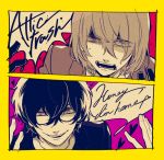  2boys akechi_gorou angry black_hair brown_hair english eyelashes glasses gloves heart ivxxx kurusu_akira male_focus multiple_boys persona persona_5 pink_background red_background shaded_face upper_body yellow_background 