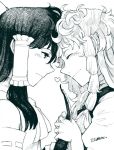  2girls ^_^ blush braid closed_eyes couple daitai_konna_kanji detached_sleeves forehead-to-forehead greyscale hair_tubes hakurei_reimu hat heart holding holding_hat kirisame_marisa messy_hair monochrome multiple_girls single_braid sketch smile touhou yuri 