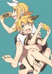  1boy 1girl barefoot belt blonde_hair blue_eyes bow brother_and_sister game_console hair_bow hair_ornament hairclip headphones highres kagamine_len kagamine_rin kagehino_akari open_mouth playing_games sailor_collar screen shiny shiny_skin short_hair shorts siblings simple_background sitting sitting_on_person sweat tattoo text twins vocaloid 