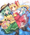  2girls :d arm_garter ascot black_legwear blonde_hair blush bouquet bow breasts closed_mouth crystal flandre_scarlet flower foreshortening frilled_shirt_collar frilled_sleeves frills giving green_eyes green_hair hair_between_eyes hat hat_bow juliet_sleeves komeiji_koishi long_hair long_sleeves looking_at_viewer mary_(ib) medium_breasts mob_cap multiple_girls open_mouth petticoat puffy_sleeves red_eyes red_skirt red_vest shikitani_asuka side_ponytail skirt skirt_set small_breasts smile thigh-highs touhou vest wide_sleeves wings 