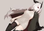  1girl backless_outfit black_boots black_legwear boots breasts dress dutch_angle grey_background grey_hair grey_sweater hair_over_one_eye halterneck headgear jacket_on_shoulders large_breasts long_hair looking_at_viewer meme_attire mikoto_(oi_plus) mismatched_legwear open-back_dress open_mouth original ponytail ribbed_sweater sideboob silver_hair simple_background smile solo sweater sweater_dress teeth thigh-highs thigh_boots thighs turtleneck turtleneck_sweater very_long_hair virgin_killer_sweater 