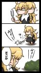  1girl ahoge anger_vein angry barefoot blank_eyes braid bush chibi commentary dress highres kirisame_marisa long_hair messy_hair senmitu3/1000 side_braid solo touhou translated tuning_fork very_long_hair wavy_hair 