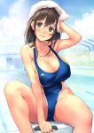  1girl arm_up blue_eyes blush breasts brown_hair competition_swimsuit day hair_between_eyes highleg highleg_swimsuit highres kekemotsu large_breasts long_hair one-piece_swimsuit original outdoors pool smile solo starting_block swimsuit towel towel_on_head wet 