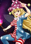 1girl american_flag_dress american_flag_legwear blonde_hair clownpiece commentary_request dress fairy_wings fire hat highres jester_cap long_hair neck_ruff open_mouth pantyhose polka_dot rappa_(rappaya) red_eyes short_dress short_sleeves sky smile solo star star_(sky) star_print starry_sky striped torch touhou very_long_hair wings 