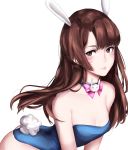  1girl absurdres animal_ears arched_back bangs bare_shoulders bow bowtie breasts brown_eyes brown_hair bunny_tail bunnysuit cleavage collarbone d.va_(overwatch) detached_collar eyebrows_visible_through_hair eyelashes facepaint facial_mark highres jackii leotard long_hair looking_at_viewer medium_breasts overwatch pink_bow pink_bowtie rabbit_ears simple_background small_breasts solo strapless strapless_leotard tail upper_body whisker_markings white_background 