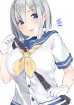  1girl absurdres between_breasts blue_eyes blush breasts eyes_visible_through_hair gloves hair_ornament hair_over_one_eye hairclip hamakaze_(kantai_collection) highres kantai_collection large_breasts lips looking_at_viewer open_mouth school_uniform serafuku short_hair short_sleeves silver_hair smile solo strap_cleavage tamako_(ei_niku) upper_body white_gloves 