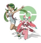  1girl :d arm_up armpits bangs bare_arms bare_shoulders breasts bug clenched_hand collarbone dark_skin flower full_body green_shoes hair_flower hair_ornament headband highres horizontal_stripes leg_up long_hair looking_at_viewer looking_away looking_to_the_side lurantis mallow_(pokemon) official_style open_mouth orchid_mantis outstretched_arm overalls parted_bangs pink_shirt poke_ball pokemon pokemon_(creature) pokemon_(game) pokemon_sm pouch praying_mantis running shadow shirt shoes small_breasts smile strapless striped suspenders tareme teeth teru_zeta tongue trial_captain twintails 