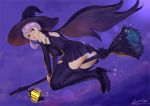  1girl ariverkao broom broom_riding cape detached_sleeves flying hat looking_back original panties purple_hair short_hair solo thigh-highs underwear violet_eyes witch witch_hat 