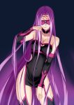  1girl bare_shoulders blindfold boots breasts choker cleavage cleavage_cutout detached_sleeves dress facial_mark fate/grand_order fate_(series) finger_to_mouth forehead_mark highres kikken large_breasts long_hair purple_hair rider short_dress side_slit solo strapless strapless_dress thigh-highs thigh_boots very_long_hair 