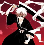  1boy alexa_pasztor alternate_hair_color artist_name bleach brown_eyes card_captor_sakura clenched_hand collarbone cosplay japanese_clothes kurosaki_ichigo kurosaki_ichigo_(cosplay) li_xiaolang male_focus open_mouth red_background serious solo sword weapon white_hair 