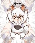  &gt;_&lt; 1boy 1girl animal_ears arms_up beard black_hair bow bowtie closed_eyes dress facial_hair frilled_dress frills gradient_hair kemono_friends long_sleeves looking_at_viewer mohawk multicolored_hair muscle no_pupils open_mouth pointing pointing_up russian southern_tamandua_(kemono_friends) street_fighter tamandua_ears tamandua_tail tanaka_kusao underbust white_hair wrestler wrestling_outfit zangief 