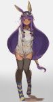  1girl alternate_costume animal_ears bangs bare_shoulders black_legwear blush casual clothes_pull dress embarrassed fate/grand_order fate_(series) flying_sweatdrops full_body grey_background hair_tubes hairband highres katsudansou knees_together_feet_apart long_hair looking_at_viewer nitocris_(fate/grand_order) purple_hair simple_background solo standing striped striped_legwear sweater sweater_dress sweater_pull thigh-highs tied_hair very_long_hair violet_eyes 